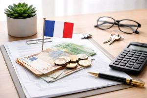 L’image illustre cette réflexion de manière visuelle et épurée. Elle représente un espace de travail ordonné avec des documents financiers, des billets et pièces en euros, une calculatrice et une petite bandeira française.