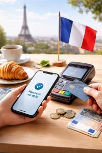 L’image illustre de manière réaliste et épurée la transition de la France vers des moyens de paiement sans espèces.