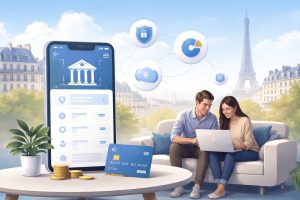 L’image illustre de manière harmonieuse et contemporaine le concept d’open banking dans un contexte français.