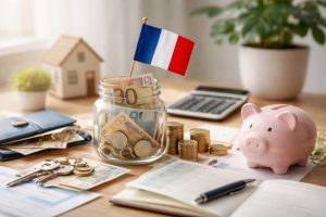 L’image illustre visuellement ces idées à travers une composition réaliste et épurée. On y voit un bocal rempli de pièces et de billets en euros, accompagné d’un cochon tirelire, d’une calculatrice, de documents et d’une petite maison décorative.
