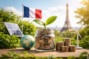 L’image illustre visuellement cette convergence entre économie et transition écologique. Au centre, un bocal rempli de pièces soutient une jeune plante verte, symbole d’un investissement orienté vers l’avenir.