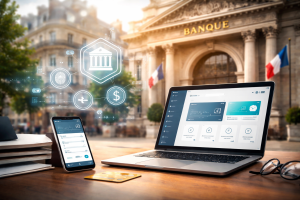 Fotografia realista mostrando a integração entre tradição bancária e inovação digital no contexto da finance. Em primeiro plano, um laptop moderno aberto sobre uma mesa de madeira exibe uma interface de aplicativo financeiro enquanto um smartphone e um cartão bancário estão posicionados ao lado, sugerindo serviços digitais de banking. Ao fundo aparece um edifício clássico de banco francês com arquitetura histórica e bandeiras da França, simbolizando instituições tradicionais. Sobre a cena surgem elementos tecnológicos discretos e translúcidos que representam conectividade e transformação digital na finance. A iluminação suave e o cenário urbano europeu criam um contraste visual entre a herança bancária e as soluções financeiras digitais contemporâneas.