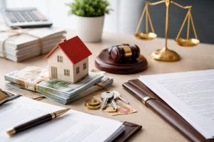 L’image illustre de manière sobre et réaliste l’univers de la gestion patrimoniale, en mettant en scène des éléments symboliques tels qu’une maison miniature, de l’argent, des clés et des objets juridiques.