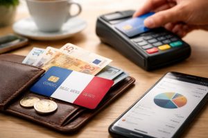 L’image illustre une scène du quotidien en France, avec un portefeuille contenant des euros et une carte bancaire, un terminal de paiement en cours d’utilisation et un smartphone affichant un suivi des dépenses. Elle évoque une gestion moderne et attentive des finances personnelles, dans un environnement simple et réaliste.
