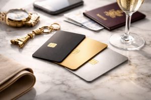 L’image illustre un univers élégant et raffiné, mettant en scène trois cartes premium aux finitions noire, dorée et argentée, disposées sur une surface en marbre.