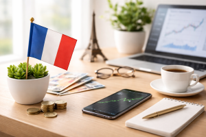 Cena minimalista e realista de um ambiente de trabalho com foco em Investissements, mostrando uma bandeira da França em um pequeno vaso ao lado de moedas e notas em euros sobre uma mesa de madeira clara, com um smartphone exibindo um gráfico financeiro, um notebook desfocado ao fundo, uma xícara de café e um bloco de notas com caneta, iluminados por luz natural suave que destaca um contexto financeiro moderno e organizado.