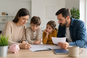 Família reunida em ambiente doméstico moderno e iluminado, analisando documentos financeiros com atenção, representando organização e planejamento de Finance no contexto familiar francês.