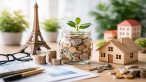 Scène épurée illustrant la croissance financière avec des pièces en euros, une plante et des symboles de la France, évoquant la diversification et les investissements.