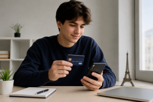 Jeune adolescent français assis à un bureau minimaliste et lumineux, tenant un smartphone dans une main et une carte bancaire dans l’autre, illustrant l’apprentissage de l’autonomie financière dès le plus jeune âge. L’ambiance moderne et épurée met en valeur l’utilisation responsable des Cartes de crédit par les nouvelles générations en France, avec un ordinateur portable, un carnet et une petite tour Eiffel en décoration discrète à l’arrière-plan.