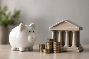 Une tirelire blanche en céramique est placée sur une table claire aux côtés de plusieurs piles de pièces soigneusement empilées. À l’arrière-plan, un bâtiment miniature aux colonnes classiques évoque une institution financière européenne, dans une composition épurée et équilibrée. L’éclairage doux met en valeur les textures et les détails des objets, tandis qu’un fond flou aux tons neutres renforce l’atmosphère calme et professionnelle. Cette image illustre visuellement l’impact des politiques monétaires sur les Investissements, l’épargne des ménages français et la gestion du patrimoine dans un contexte économique européen.